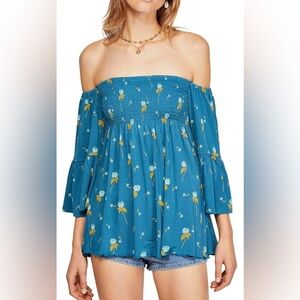 Women’s Free People Lana Tunic Top Off The Shoulder Floral Boho Bell Sleeve S